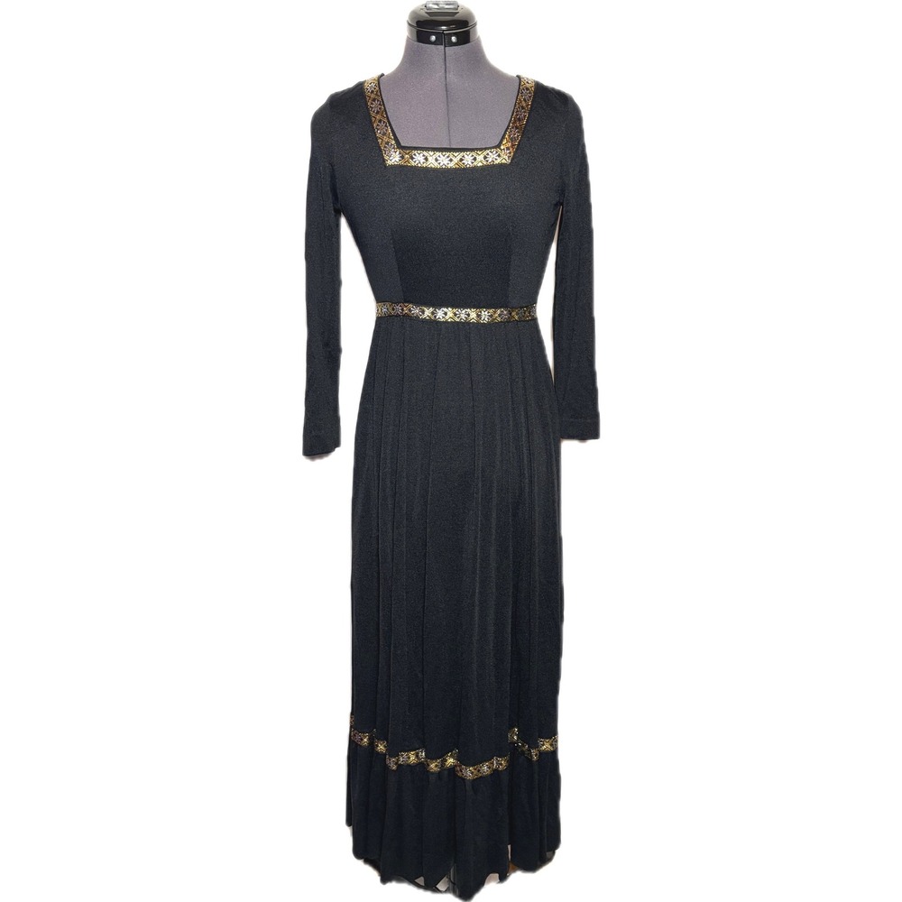Vtg 70s Julie Miller‎ Maxi Dress Black w/ Brocade Trim Boho 32-24-40 XS DAMAGD
